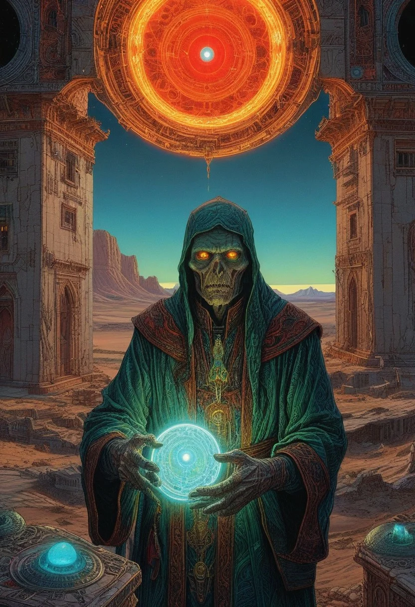 appears trapped in an optical illusion of reflections and refractions. Illustration by moebius, a tower in a desert, intricate details, an undead wizard with glowing turquois eyes wearing robes that are red and black with an intricate pattern of YellowGreen lightening motif have the wizards hands spread out with energy glowing around his hands that are the same color as his glowing eyes also have the mouth open and the face of the undead wizard look very decayed but still have some flesh medium grain, FRESHIDESH Moebius comic book