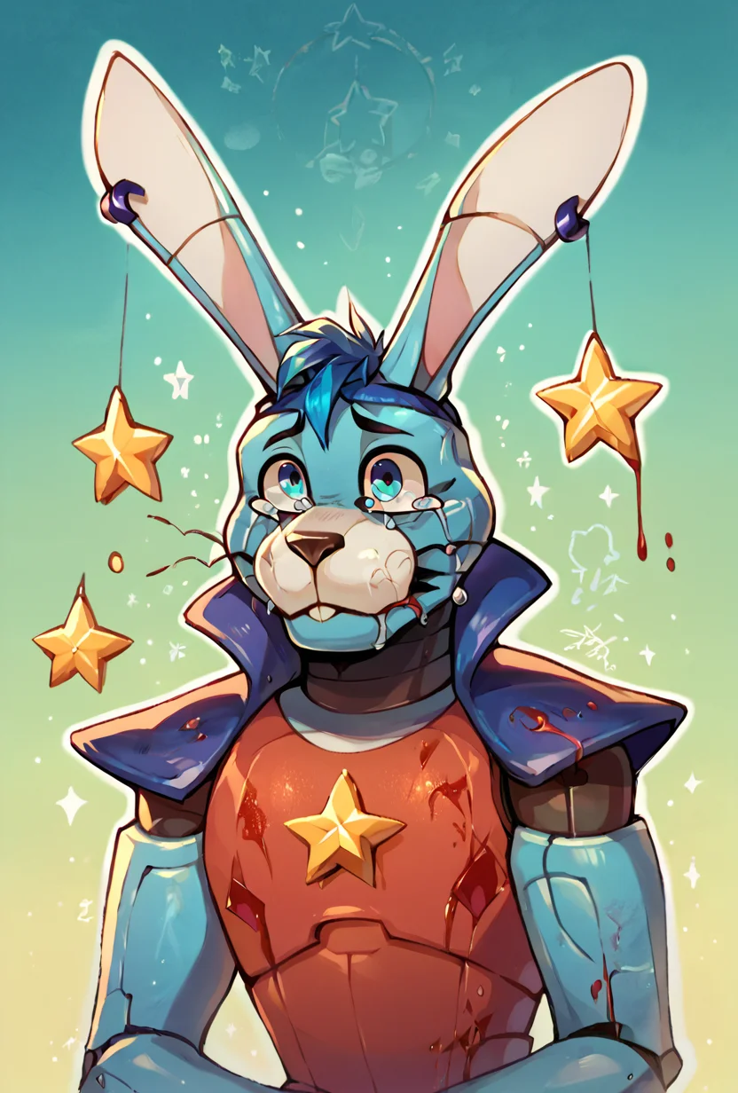 score_9, score_8_up, score_7_up,, good quality ,, character focus, solo, , best quality , detailed background, <lora:glambon-10:1> glambon, rabbit ears, male focus, , solo, star (symbol), robot, crying, tears, blood <lora:dragondrawer:1> by_dragonmaker, white outline, cyan background, gradient background,