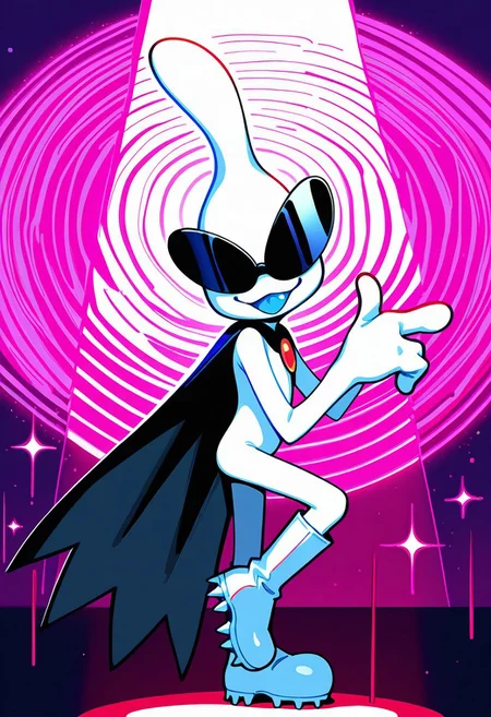 masterpiece, ultra detailed, amazing quality, absurdres, very aesthetic, solo focus, male focus, 1boy, 
orbulon_WW, white skin, alien, 3 fingers, fewer digits, sunglasses, covered eyes, knee boots, white footwear, spiked footwear, standing, brooch, cape, torn cape, :3, smile, :p, blue tongue, sparkle, hands up, pointing, turning head, from side, leg up, knee up, standing on one leg, cowboy shot, slim, small butt, 
BREAK 
detailed shading, flying saucer, spotlight, psychedelic background, multi-colored, WaiIL25PosC, g0th1c, glowing, neon lights,