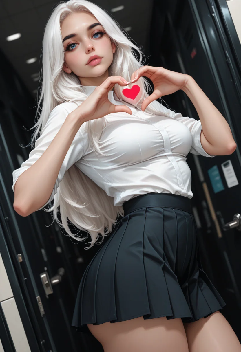 8K, depth of field, focused subject, dynamic angle, sexy pose, best quality, detailed eyes, perfect eyes, realistic eyes, white hair, long hair, blue eyes, thick eyebrows, black eyebrows, mascara, makeup, pink lips, full lips, fit body, small ass, medium breast, realistic breast, BREAK,
pleated skirt, black skirt, office background, looking at viewer, forming heart hands,
front view, movie perspective, white shirt, large shirt, dynamic angle, artist:moriimee
<lora:MoriiMee_Gothic_Niji_Style_Illustrious_r1:0.6>,
<lora:PowerPuffMixLora:0.5>,