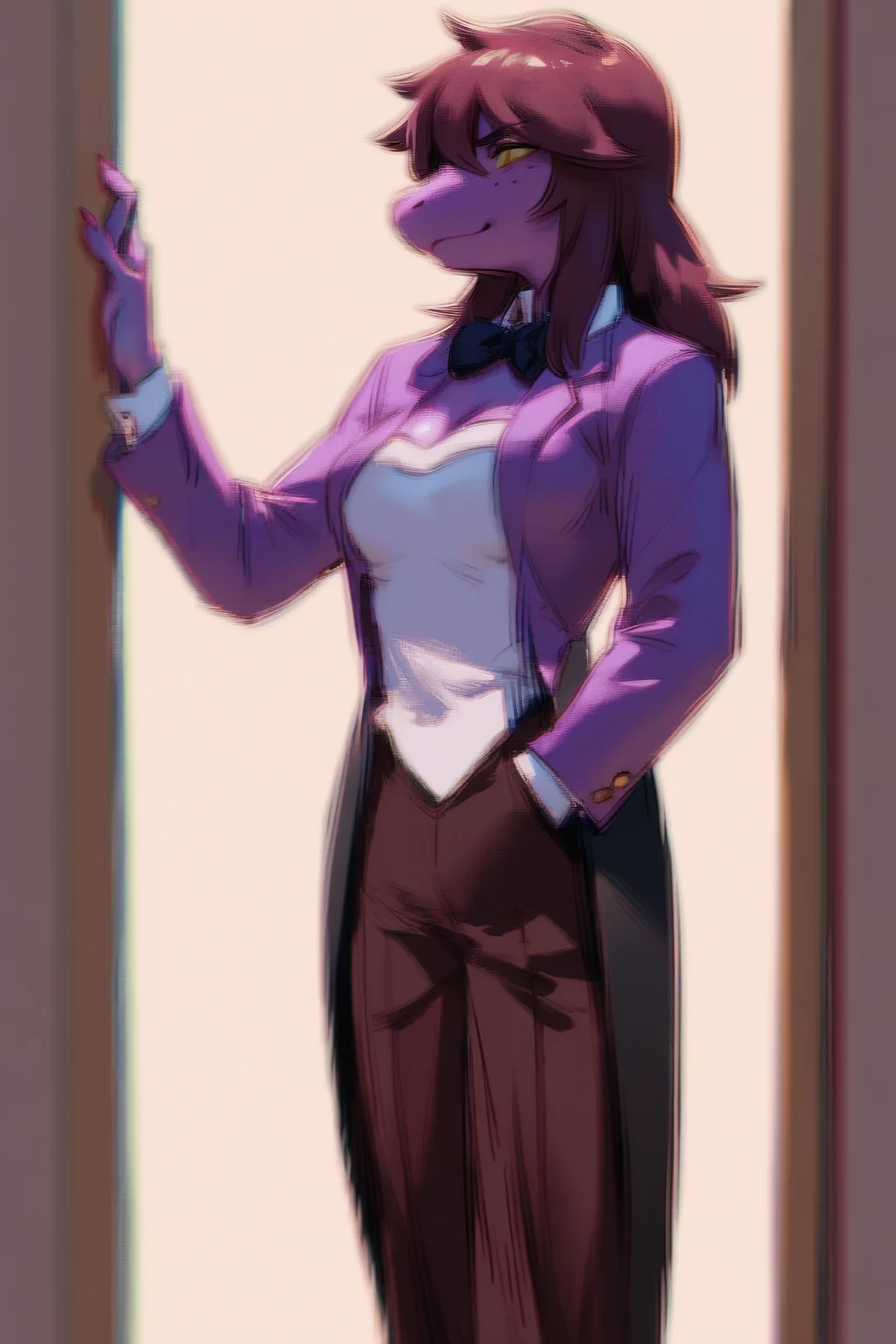 intricate details, score_9, score_8_up, score_7_up, score_6_up, score_5_up, source_anime, <lora:Susie_-_Deltarune:1> susie_dr, anthro, scalie, doorway, tuxedo, confident, medium breasts