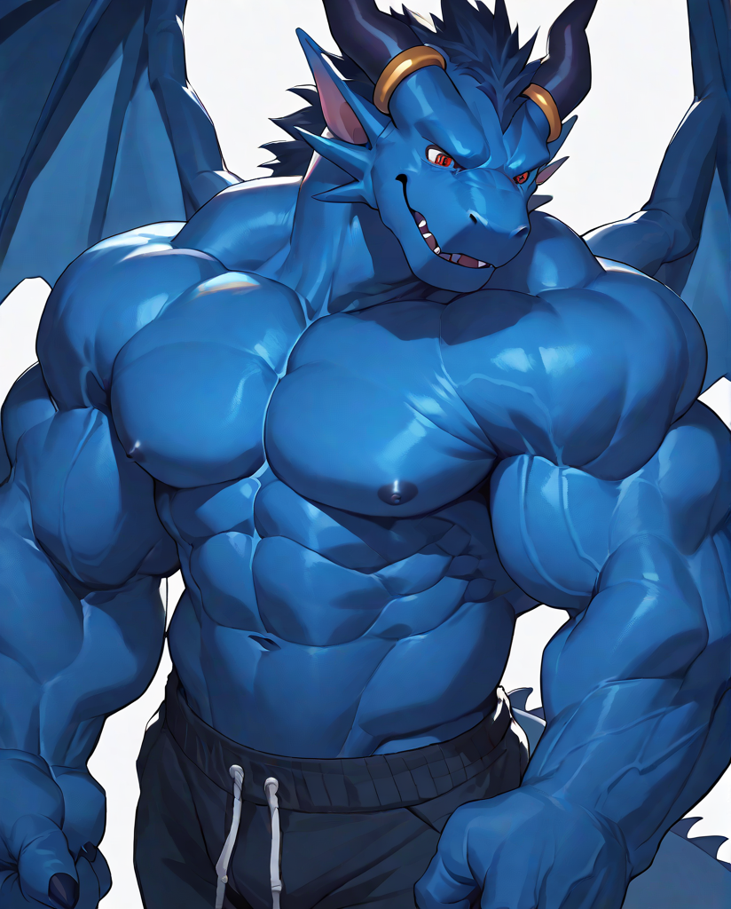 source_furry,score_9,score_8 up,score_7 up,score_6 up,male,anthro,furry,1boy,solo,blue_dragon,dragon,wings,horns,blue body,red eyes,muscles,muscular,bodybuilder,abs,pectorals,biceps,huge muscles,large muscles,hyper muscles,<lora:Blue_Dragon:0.9>,