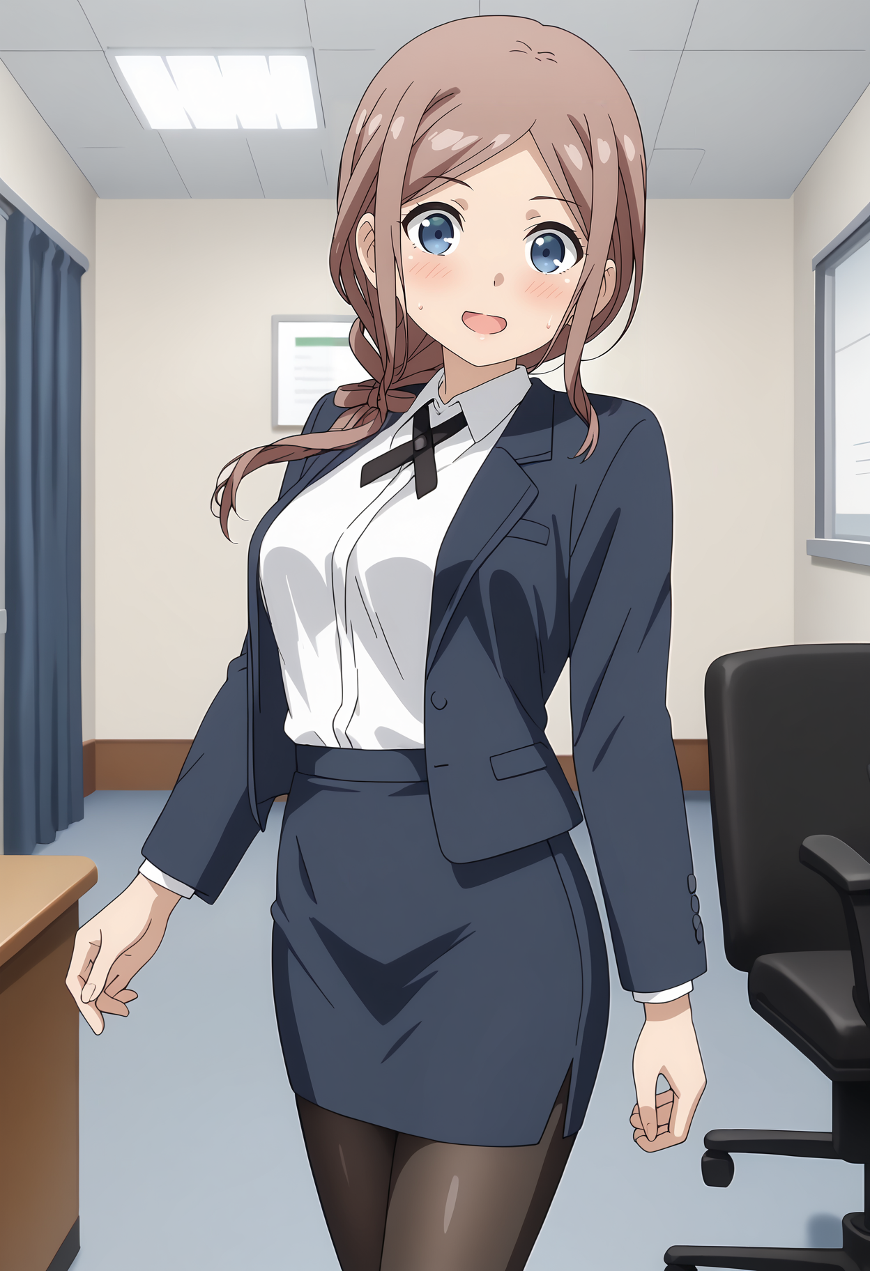 anime screencap,
<lora:OneRoom_OrisakiSayaXL:0.9>,
1girl, solo, open mouth, blush, light smile, sweat,
long hair, light brown hair, parted bangs, hair over shoulder, single braid, blue eyes,
SayaSuit, open jacket, blue jacket, white shirt, cross tie, neck ribbon, black ribbon, long sleeves, pencil skirt, blue skirt,  black pantyhose,
cowboy shot, standing, looking at viewer,
office, indoors, blurry background