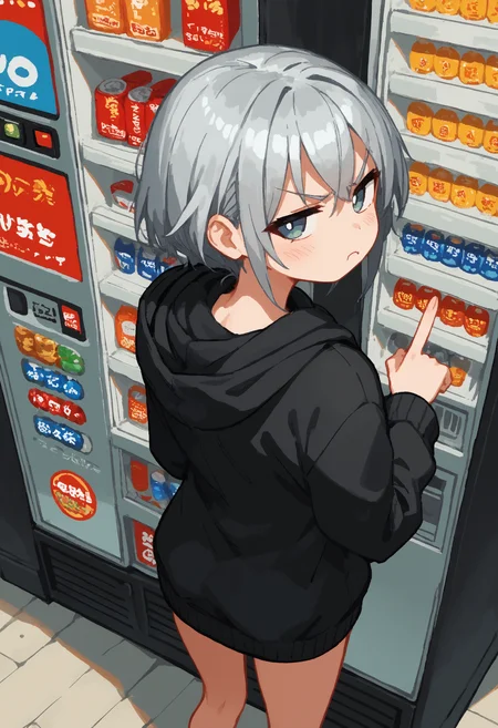 score_9, score_8_up, score_7_up, source_anime, 1girl,  silver hair, legs,black hoodie,   vending machine, from above, pointing, facing away, pout, looking back, <lora:JyuukyuuããããããHentai_Art_Style:.8> jyuukyuu, flat color, deformed, deformed characters, round face, <lora:Gingira_Dot__Star_Style:.65>,