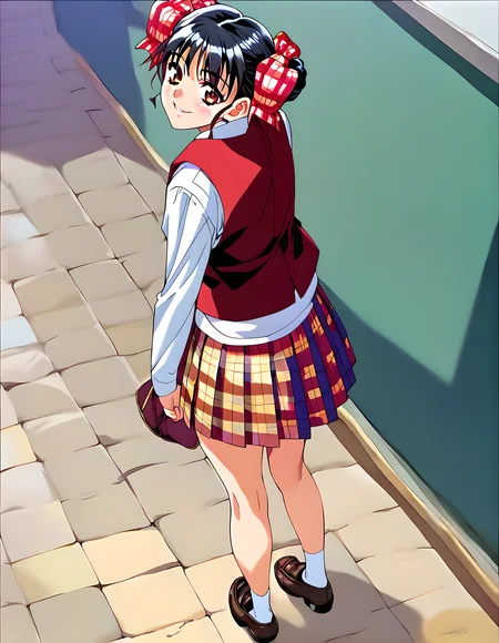 <lora:pony_xl_narusawa:0.8>,narusawa,score_9,score_8_up,score_7_up,source_anime,1girl,looking at viewer,smile,skirt,long sleeves,school uniform,full body,pleated skirt,shoes,socks,looking back,vest,loafers,plaid skirt,red and yellow plaed skirt,