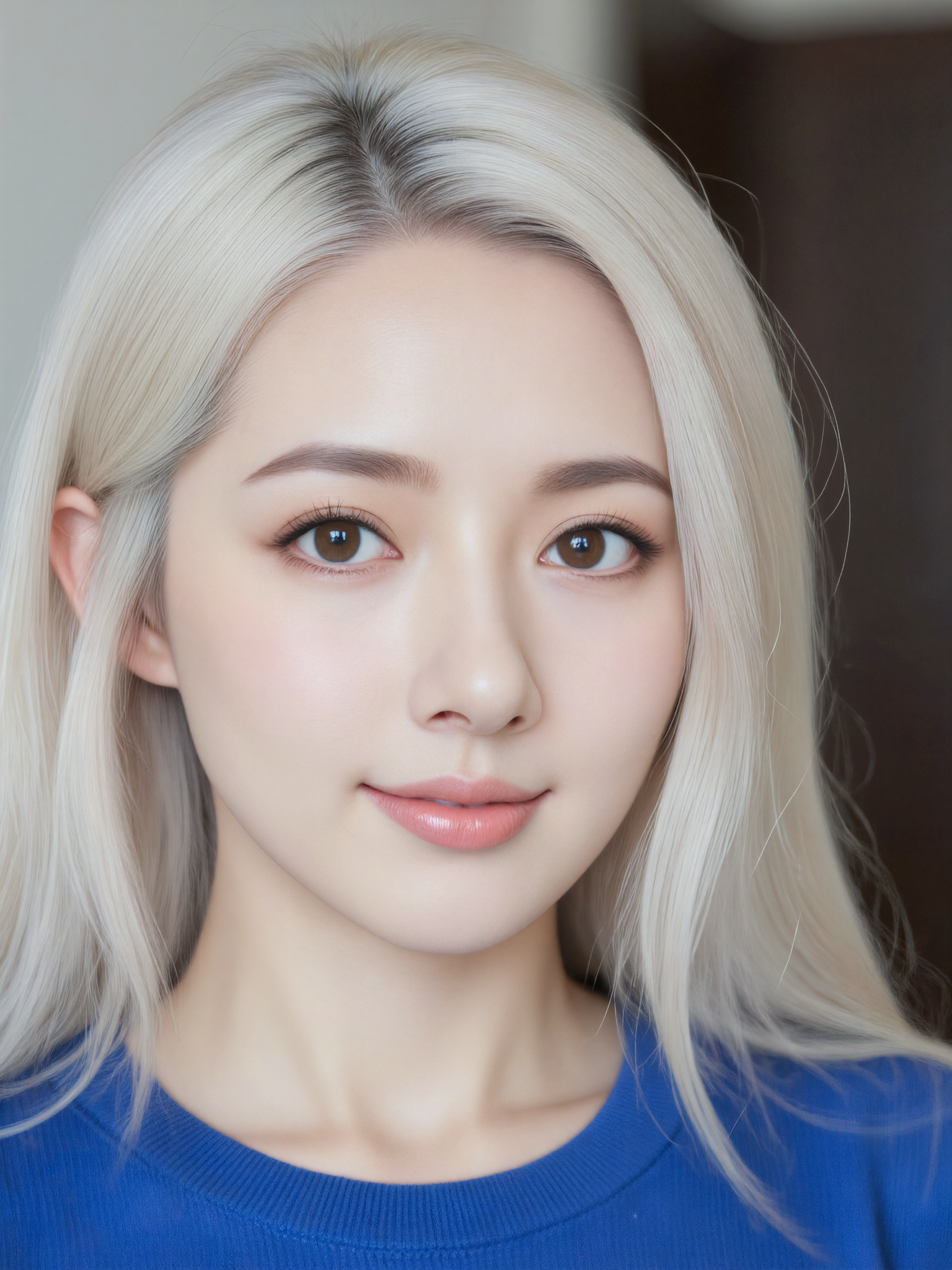 a woman, white hair, blue shirt, light smile, portrait, blurred background