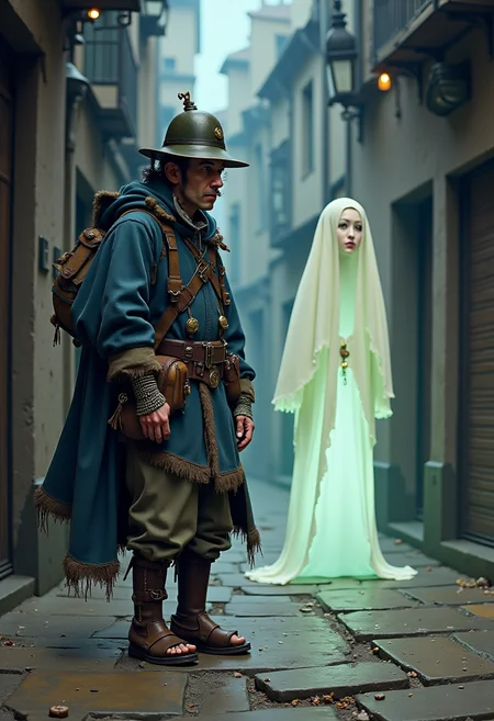 an image in the style of Kit Cox: Corporal Nobby Nobbs, a scruffy, lanky figure, stands awkwardly in a dim alley of Ankh-Morpork. His ill-fitting City Watch uniform is a patchwork of blue fabric and grime, with tarnished brass buttons and a helmet thatâs comically oversized for his small head. The coat hangs off his thin shoulders like a borrowed garment, the sleeves too long and frayed at the cuffs. His belt, crooked and overburdened with odd trinkets, holds up baggy trousers that bunch around his mismatched bootsâone of which has a hole in the toe. Nobby's wiry frame and hunched posture contrast with his wide-eyed expression as he stares, nervous but curious, at the glowing apparition before him. The ghost, ethereal and slightly transparent, casts an eerie, pale light in the narrow, mist-filled street. The scene captures a strange mix of humor and unease, with Nobbyâs awkward stance and the ghostâs floating form creating a bizarre, almost surreal moment.