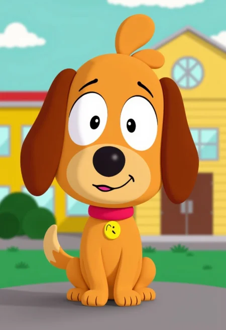 an image in the style of the tv show south park of A 3D-rendered isabelle (animal crossing), anthro-dog in a simple cartoon style with large plain eyes and a large round head. Simple and cute, standing in front of a yellow school building
