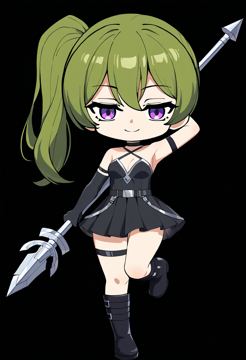 masterpiece, best quality, newest, absurdres, highres,chibi,1girl,(ubel_(sousou_no_frieren)) side ponytail, green hair, purple eyes, armpits, breasts, long hair, bare shoulders, small breasts, medium breasts, cleavage, gloves, black dress, dress, thigh strap, boots, halterneck, elbow gloves, belt, knee boots, pleated dress, sleeveless, short dress, choker, sleeveless dress, criss-cross halter, halter dress, arm up, looking at viewer, standing, standing on one leg, polearm, spear, solo, holding, full body, white background, simple background, weapon, black gloves, black footwear, holding weapon, arm strap, smile, holding polearm, closed mouth, single glove, black choker, asymmetrical gloves, single elbow glove, black belt ,<lora:maplestory-000011prodigy:1>