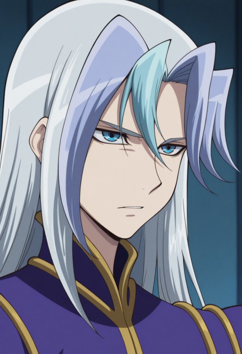 masterpiece,best quality,amazing quality, source_anime, 
chrisArclight, 1boy, male focus, solo, blue eyes, multicolored hair, grey hair, blue hair, long hair, coat, purple coat,  portrait,