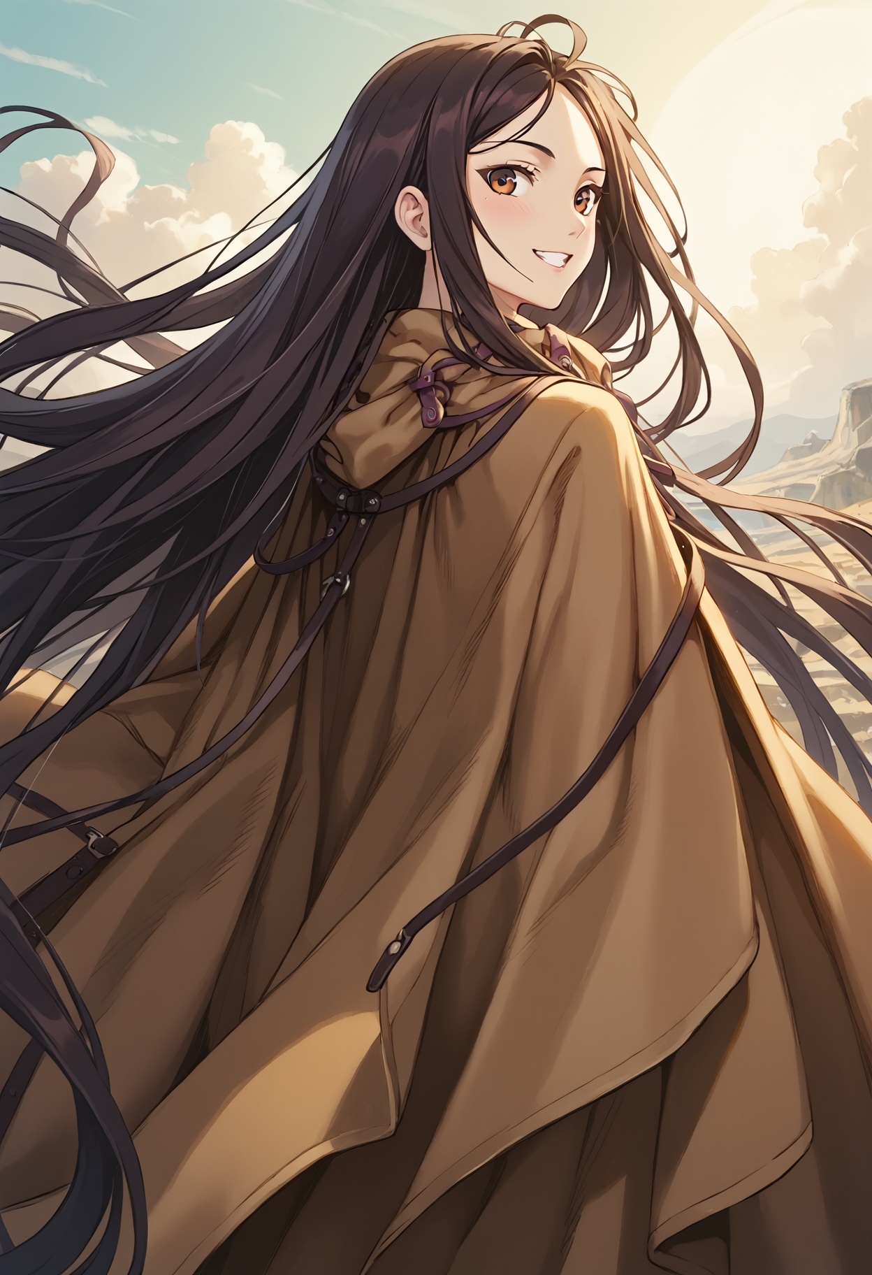 Chun_Hyang, 1girl, score_9, score_8_up, score_7_up, cowboy shot, cloak, very long hair, looks back, best quality, masterpeace, smile