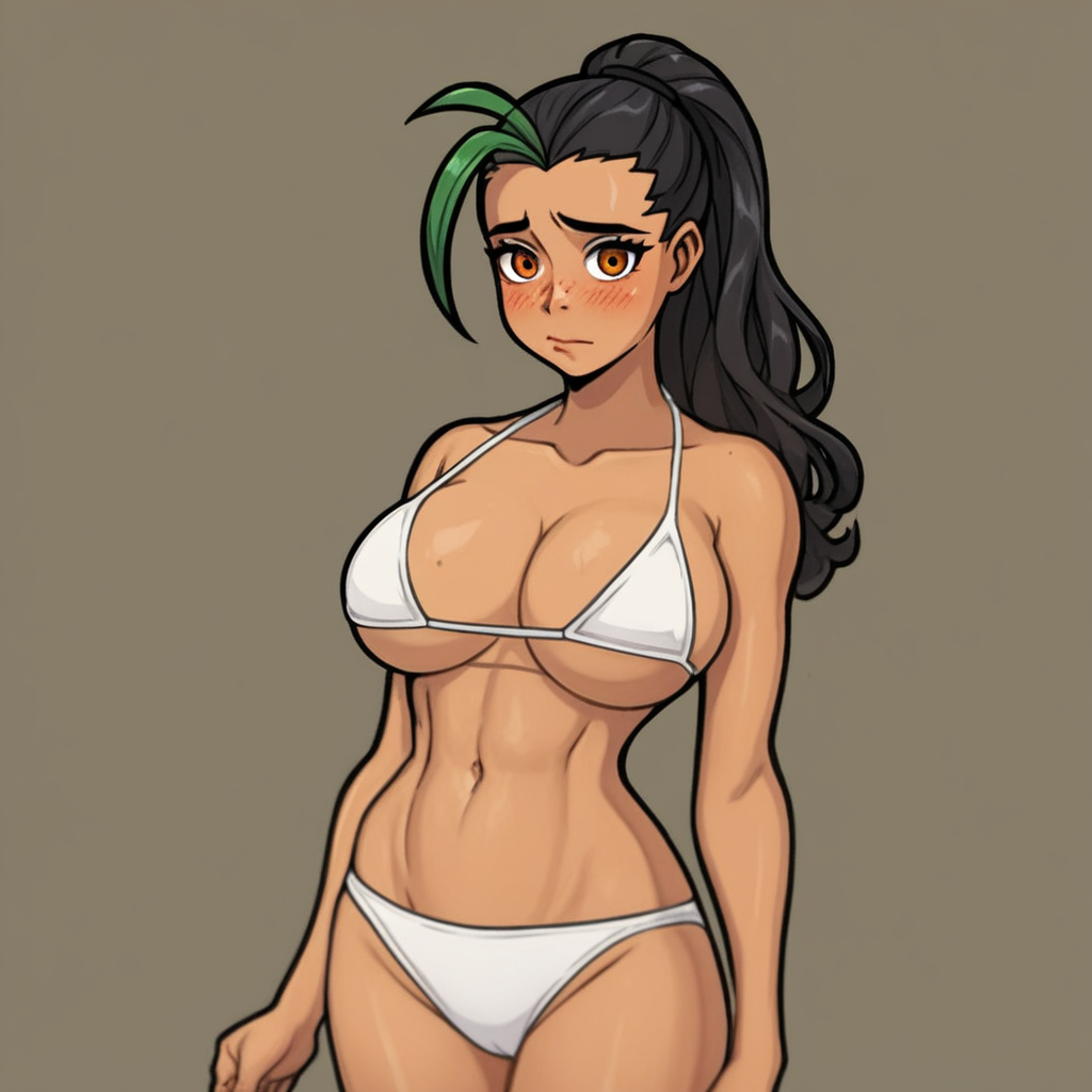 score_9, score_8_up, score_7_up, source_anime, expressive, anime, (4k4bur5tyl3:1.2), Artist speedlines, dynamic, 1girl, (nemona), streaked hair, ponytail, orange eyes, milf, aged up, curvy, fit, dark skin, (white bikini), large breasts, skinny, thick thighs, navel, standing, shy, blush, blushing, embarrassed, sensual, horny, longing, looking at viewer, source_hentai, simple background