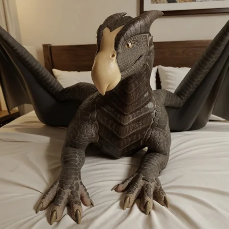 core_9, score_8_up, score_7_up, score_6_up, masterpiece, high quality, realistic, detailed, best quality, 1girl, solo, rating_safe, source_furry, bedroom, smiling, seductive, looking at viewer, lying on bed, negative_hand, lying on bed, full body, beaky_pb, dragon, gray scales, wings, beak, tail, female, 1girl, scales, yellow sclera, yellow eyes, feral