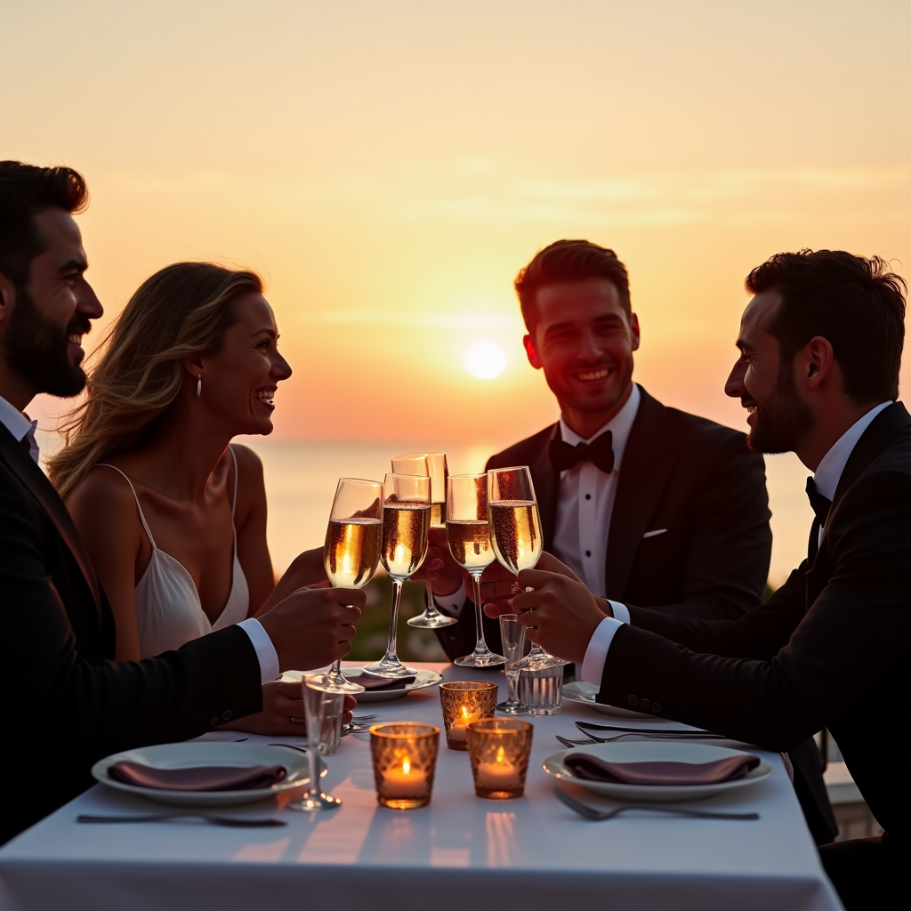 un gruppo di eleganti signore e signori sorseggiano una coppa di champagne su un terrazzo che affaccia sul mare al tramonto festeggiando assieme