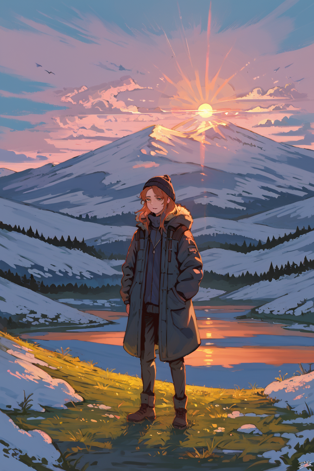 PDXL, source_anime,  <lora:SaishoV1:1>, s4ish0, 
snowy mountain, sun behind it, clouds, 
volumetric reflections, volumetric shadows, HDR, shot on Canon DSLR