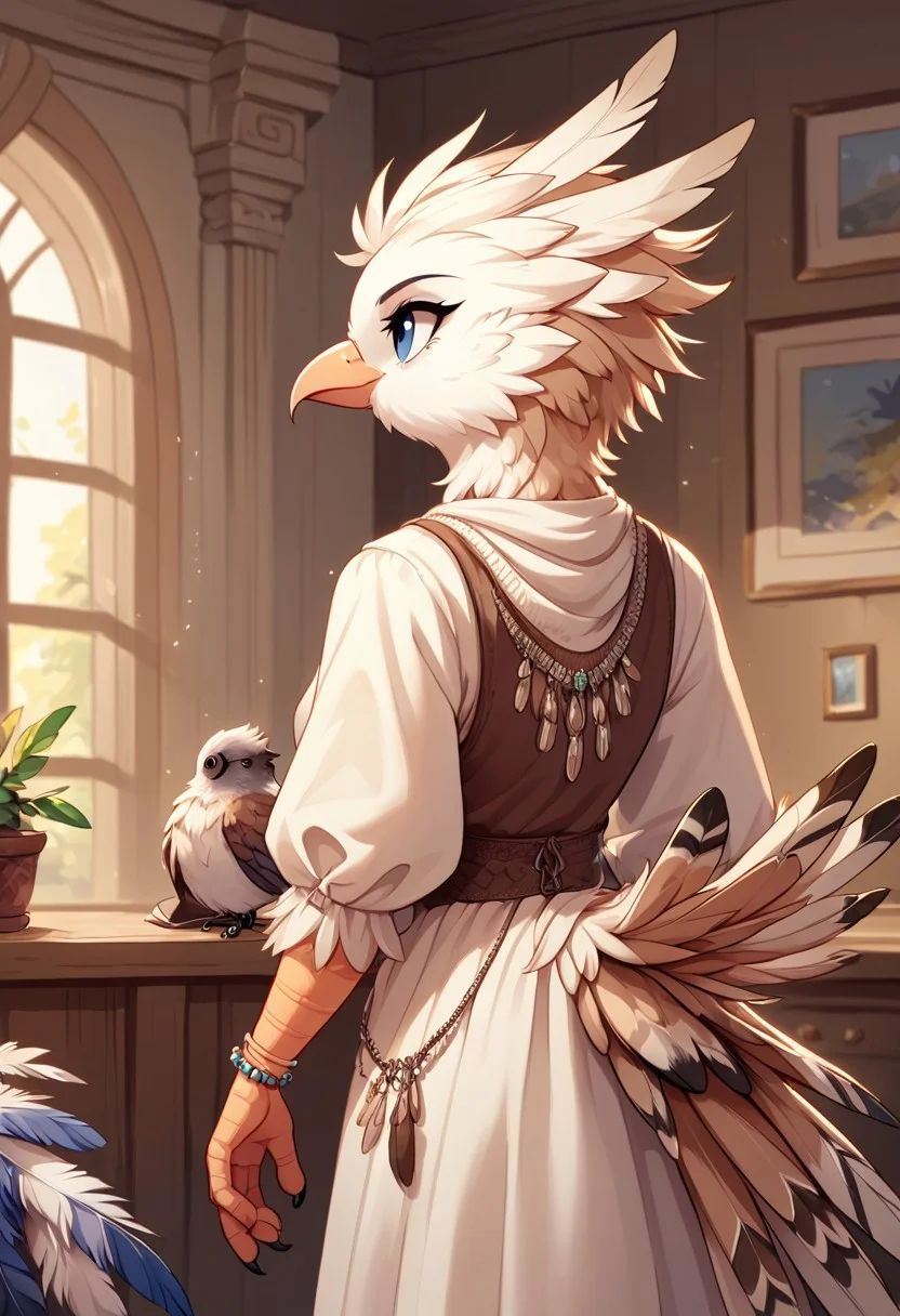 score_9, score_8_up, solo, 1girl, standing,
megafeatherypony, feathers, feathery, bird anthro, indoors, clothes