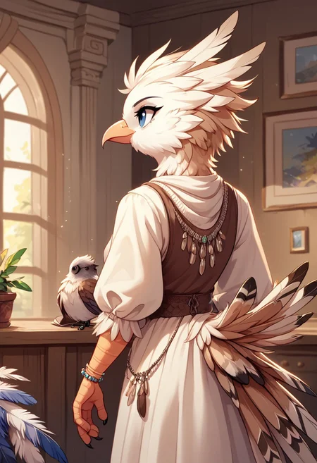 score_9, score_8_up, solo, 1girl, standing,
megafeatherypony, feathers, feathery, bird anthro, indoors, clothes