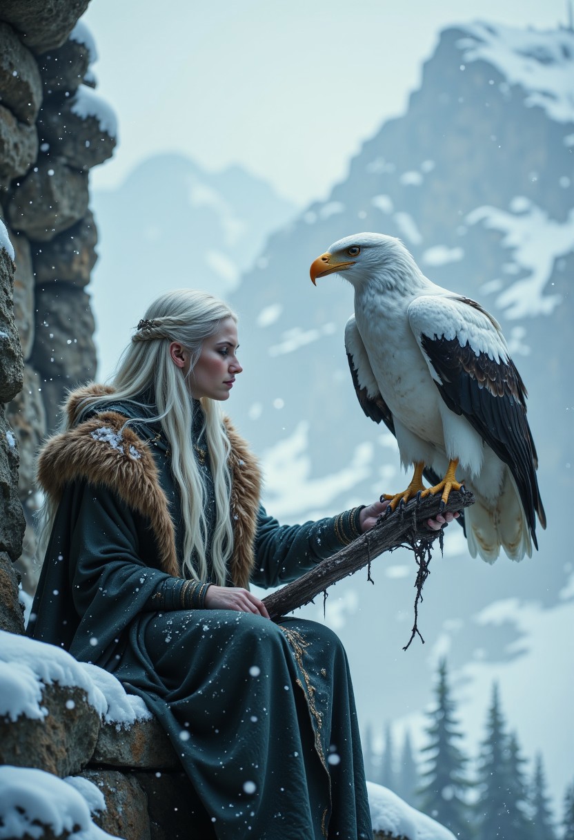 The image depicts a mystical winter scene where a woman with long, silver-white hair, dressed in a flowing, fur-lined cloak, sits on a rocky ledge surrounded by snowfall. She gazes intently at a majestic white and black-feathered eagle, which perches on her outstretched arm, its wings partially spread as if ready to take flight. The background features a misty, snow-covered mountain range, adding to the ethereal and otherworldly atmosphere. The lighting is soft and diffused, giving the scene a dreamlike quality.
A mystical winter fantasy scene featuring a woman with long, silver-white hair dressed in an elegant, fur-lined cloak. She sits on a rocky ledge in a snow-covered mountain landscape, surrounded by softly falling snowflakes. In front of her, a majestic white feathered eagle perches on her arm, its wings partially spread. The atmosphere is ethereal, with soft, diffused light creating a dreamlike and magical ambiance. The woman’s expression is calm and wise, as if she shares a deep bond with the eagle. The art style is highly detailed, semi-realistic with a painterly fantasy aesthetic, similar to epic fantasy illustrations.