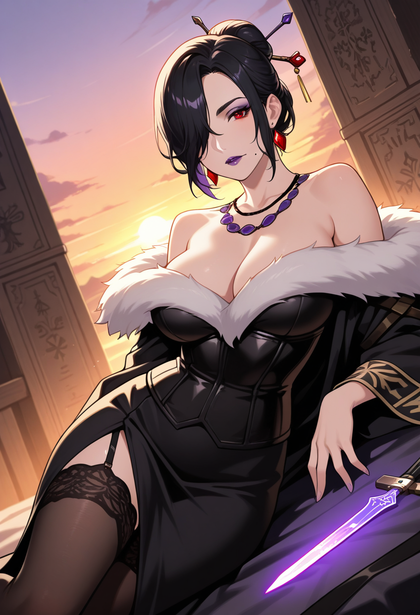 1girl,mature woman,slim body,purple lips,hair over one eye,black hair,single hair bun,hair ornament,makeup,red eyes,mole under mouth,jewelry,earrings,large breasts,black corset,off shoulders,fur trim,white fur,stockings,long black robe,long sleeves,
Dutch angle,Resting on elbow, lying sideways,(looking at viewer:1.1),Sensual look, lips slightly pursed,Arcane forge, glowing tools, intricate carvings on walls,Sunset,Smoky, thin, drifting,masterpiece, best quality <lora:Lulu_-_Final_Fantasy_X_-_Illustrious:1.0>