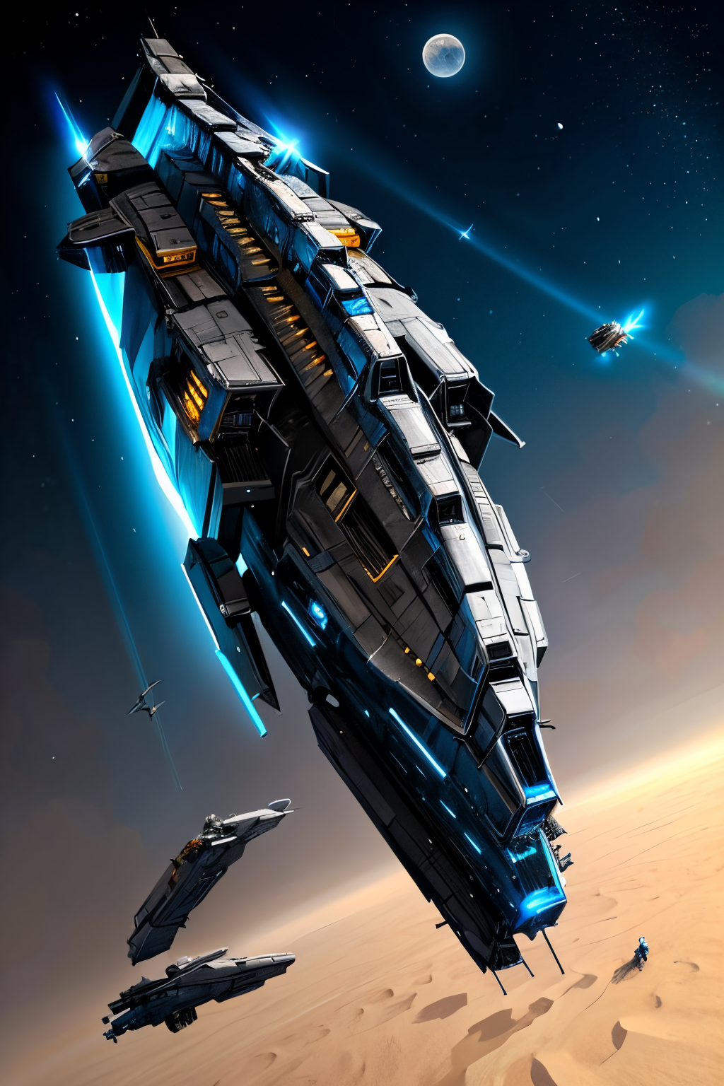 (Realistic:1.5) (masterpiece) ocean, building, black background, sketch, debris, laser, spacecraft, laser, 1boy, robot, laser, moon, jet, official style, 1boy, turret, desert, cockpit, from above, outdoors, <lora:EdobSpaceShip01_v1.0:0.8>