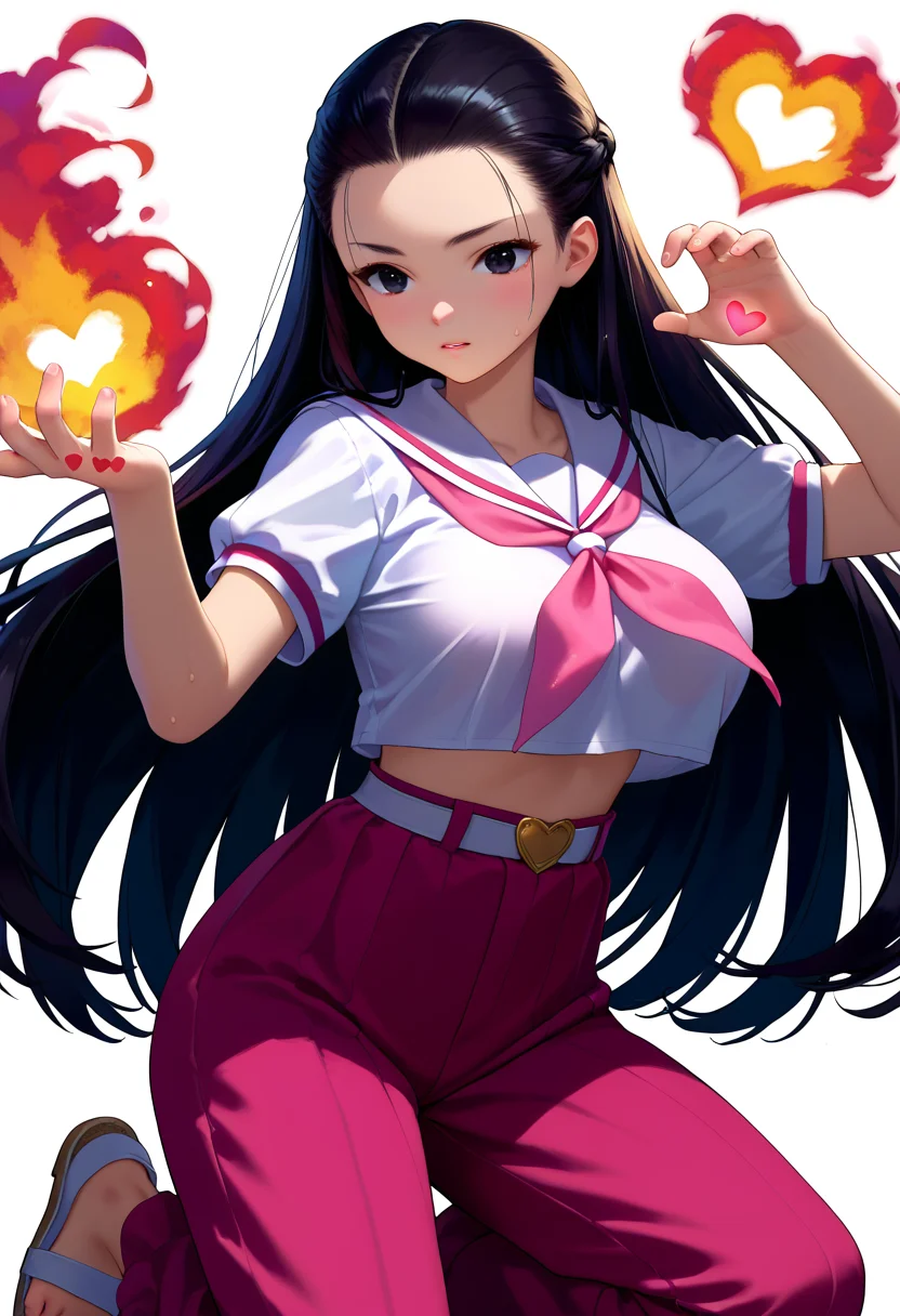 score_9, score_8_up, score_7_up, score_6_up, score_5_up, source_anime,
1girl, solo,
<lora:super_oume_otane:1>, black eyes, hair slicked back, very long hair, black hair, white serafuku, school uniform, pink neckerchief, pink pants, white belt, sailor collar, short sleeves, sandals:0.5
shiny skin, sweat, big breasts, upper body, fighting stance, (heart fire on hand:1.5),