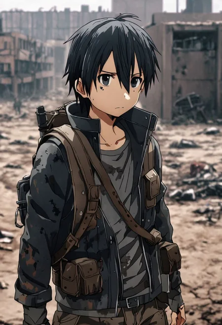 high resolution, solo, best quality, 1Boy, Kazuto Kirigaya, Black Hair, Black Eyes, shallow depth of field, Post-Apocalyptic, survival, OverallDetail