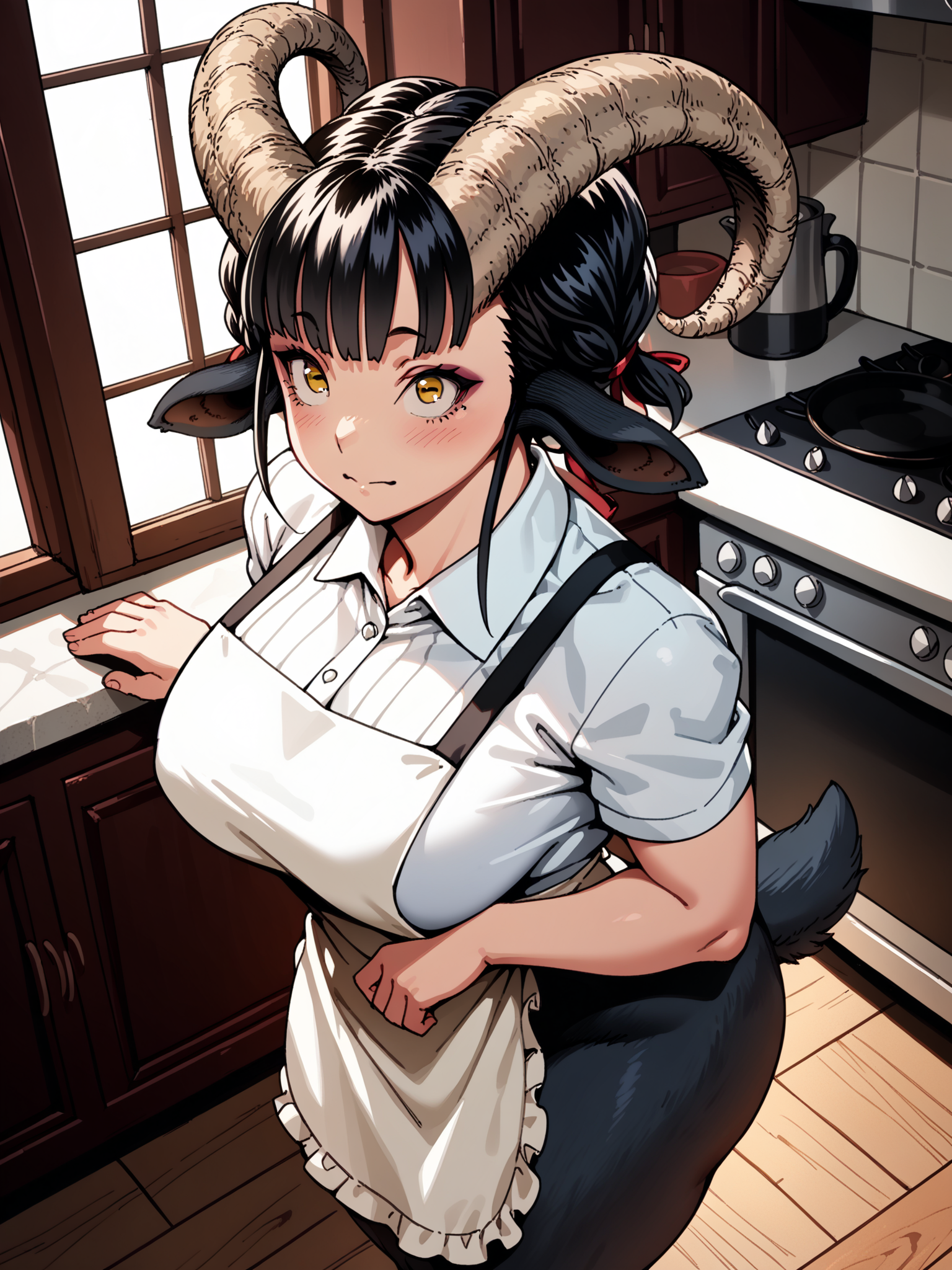 (, solo:1.1) <lora:happy_tentacle-maya-v0.6-000026:1>, ht_maya, satyr, goat girl, goat horns, goat tail, hooves, large breasts, yellow eyes, plump, thick thighs, black hair, (petite:1.2), <lora:Shed_The_Skin's StS_age_slider_v1_initial_release:-1.1> ( :1.1) ( , , ( :1.2) , , looking up :1.2) , indoors, ((dawn :0.6), :0.8), ( window :0.9), (furniture:0.9), , , , , (chinese architecture :0.8), kitchen, apron (( from above :1) :0.8) score_9, score_8_up, score_7_up, score_6_up, score_5_up, score_4_up, ( [(realistic, photorealistic:1.3):(realistic:1.2):14] [(3d:1.2)::12] :1) <lora:LUUNA's Lunas-NijiJourney-SDXL-B2:0.65>, nijijourney <lora:prgfrg23's Counterfeit-V3.0 Style SDXL_LoRA_Pony Diffusion V6 XL:0.35> <lora:mfcg's mfcgXL:0.12> <lora:reweik's gyokai(himehajime)_PonyXL_style_v01:0.14>