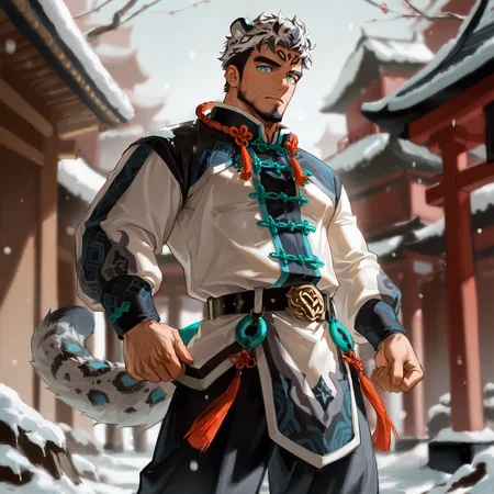 <lora:Won__Alchemist_Code-000003:.7>, tagatamewon, 1boy, short hair, two-tone hair, teal eyes, tiger strapes, solo, male focus, manly, bara, mature male, muscle body, knot, jacket, tangzhuang, long sleeves, belt, pants, socks, shoes, snow leopard ear, snow leopard tail
cowboy shot, 
(very short hair, beard, bara, mature, facial hair, stubble, beard, full beard, sideburn, beard, a lot of beard, ), facial hair,male focus, muscular male, muscular male, bara, mature,  bara, mature, aixiwuganda_(20222192), very awa, masterpiece, best quality, absurdres, newest, perfect quality, detailed background, intricate details,
<lora:slider_Body Type_alpha1.0_rank4_noxattn_last:3><lora:Anime Summer Days 2 Style SDXL_LoRA_Pony Diffusion V6 XL:.6><lora:slider_cfg_scale_boost:.7><lora:Artist6p:.55>, Artist6p, Artist04p,<lora:slider_il_brightness_slider_d1:-1><lora:slider_il_contrast_slider_d1:-1><lora:slider_DarkSlider1.2_alpha1.0_rank16_full_300steps:-.6>