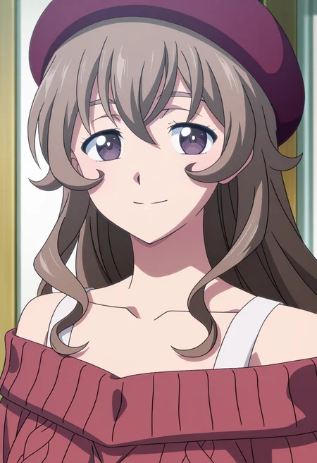 <lora:Nagisa Kaneshiro-000052:1>,
Nagisa Kaneshiro, hat, smile, looking at viewer, beret, collarbone, closed mouth, solo, anime coloring, off shoulder, sweater