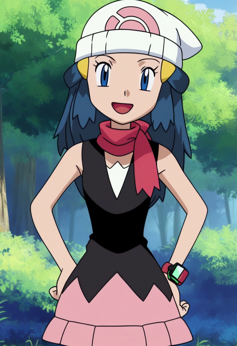 score_9, score_8_up, score_7_up, anime screencap, 1girl, pokemon_dawn, long hair, blue hair, blue eyes, sidelocks, bbeanie, yellow hairpins, smiling, open mouth, black vest, white undershirt, red scarf, sleeveless, watch, jewelry, pink skirt, black socks, boots, standing, hands on hips, upper body focus BREAK outdoors, forest, absurdres, highres, 4k,