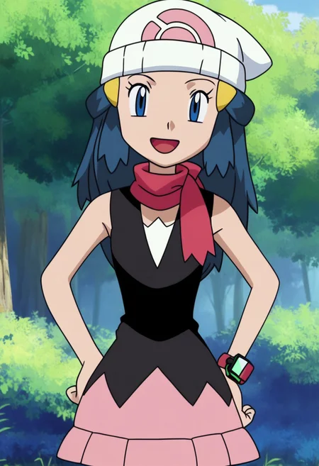 score_9, score_8_up, score_7_up, anime screencap, 1girl, pokemon_dawn, long hair, blue hair, blue eyes, sidelocks, bbeanie, yellow hairpins, smiling, open mouth, black vest, white undershirt, red scarf, sleeveless, watch, jewelry, pink skirt, black socks, boots, standing, hands on hips, upper body focus BREAK outdoors, forest, absurdres, highres, 4k,