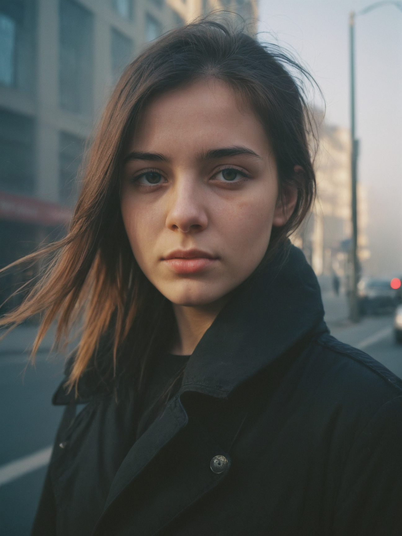 photography, city street, closeup portrait photo of young woman in dark clothes, sunny, daylight, fog, Fujifilm XT3, Canon R5, Fujicolor Fujichrome Velvia 100