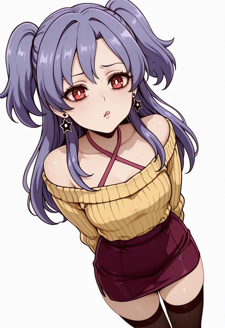 masterpiece,high quality details, absurdres,
 <lora:Asuka_Kusagakure:0.8> asuka_cnr,  1girl, purple hair, long hair, two side up, twintails, red eyes, star earrings,  bright pupils,
Magion02,, simple background, white background, dutch angle,solo,, disgust,excited,, :o,, ultra realistic, high detailed skin,, criss-cross halter,sweater ,pencil skirt, ,thighhighs,