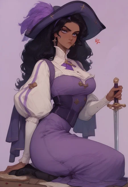 score_9, score_8_up, score_7_up, BREAK Expressiveh, 1gothic1, red, futanari, solo, anime coloring, esmeralda, dark skin, long hair, black hair, purple eyes, purple hairband, ((Musketeer, purple hat, plume, purple tabard, purple cape, smallsword)), beautiful face, beautiful eyes, feminine, (annoyed, kneeling, holding sword), big breasts, curvy fitness, wide hips, ((bakery))