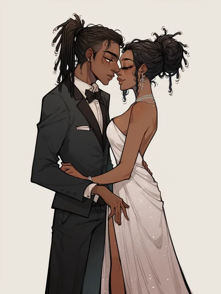 score_9, score_8_up, score_7_up, score_6_up, score_5_up,    <lora:p0tatooXLP:1> p0tatoo, dark skin, 1girl, dreadlocks, evening gown, formal, 1boy, couple,
