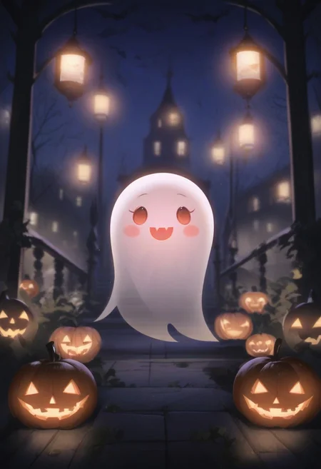 score_9, score_8_up, score_7_up, score_6_up, YXNGH, intricate details, rating_safe, cute ghost, halloween, cementary, at night, dark night, shadows, outside, moonlit, depth of field, detailed background
