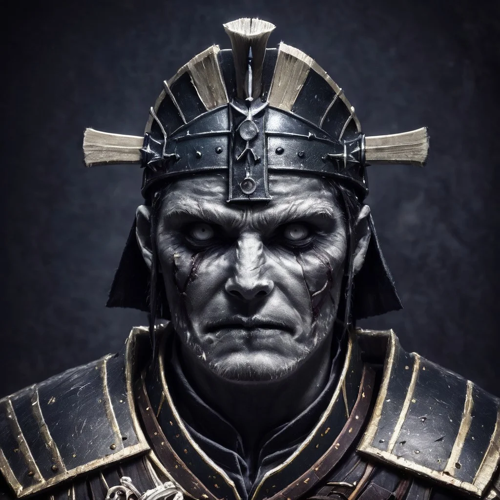 (best quality, masterpiece:1.2), sharp focus, 8k, ultra-detailed, (photorealistic:1.5), In the fading twilight, amidst the whispers of fallen leaves and the scent of blood-soaked earth, an old seasoned samurai warrior knelt, his weary form a testament to a lifetime of battles. His once-gleaming armor, scarred and dented, bore witness to countless conflicts, while his weathered face displayed the wisdom of ages. With eyes that had seen both glory and sorrow, he bowed his head in solemn reverence, paying homage to the fallen. His hands, calloused and steady, cradled a ceremonial katana, its blade reflecting the pale moonlight. In that moment of quietude, he embodied the essence of honor, resilience, and the weight of a thousand battles. art style of Fenghua Zhong, black and white, ultra res,