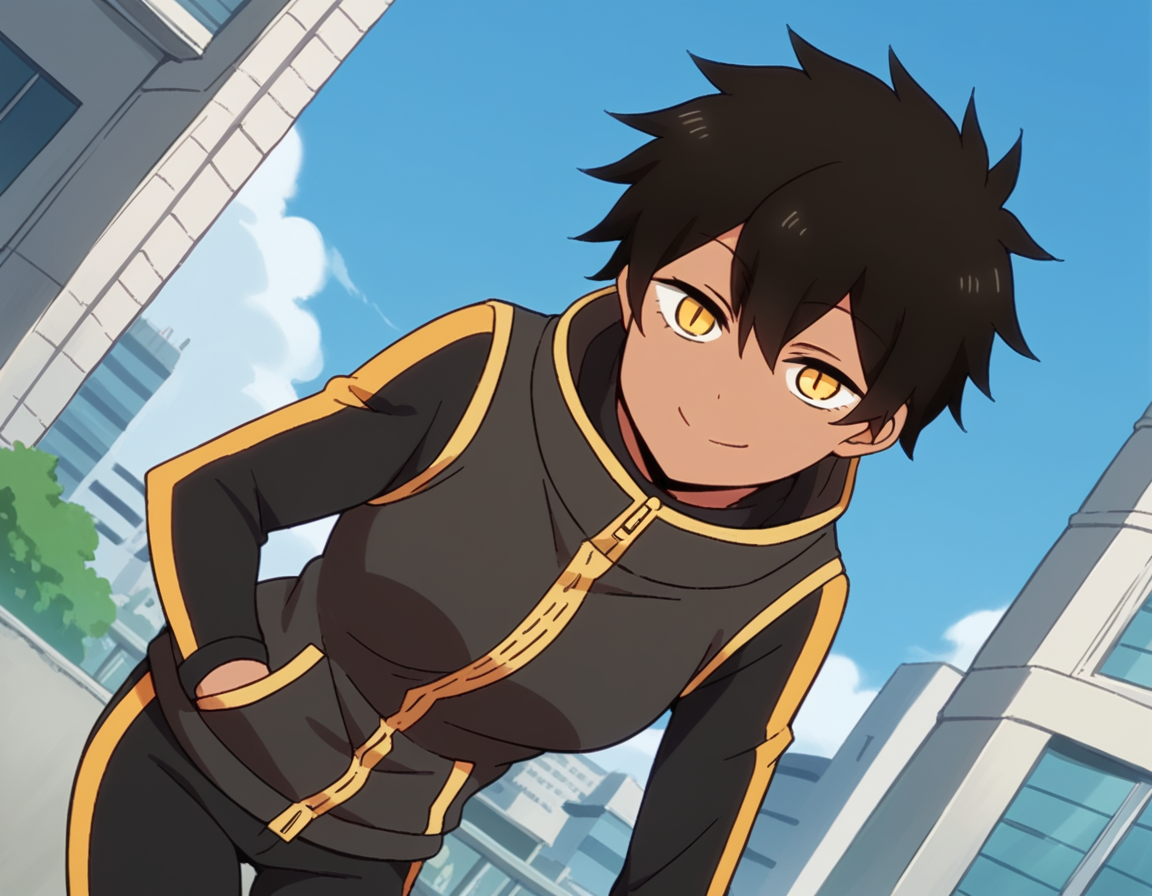 score_9, score_8_up, score_7_up, source_anime,
natsumikurobe, <lora:natsumi-kurobe-s1-ponyxl-lora-nochekaiser:1>,
natsumi kurobe, short hair, black hair, yellow eyes, slit pupils, dark skin, dark-skinned female,
jacket, pants, hood, zipper, tomboy,
cityscape, bent over, smile,
looking at viewer, cowboy shot, solo, dutch angle,