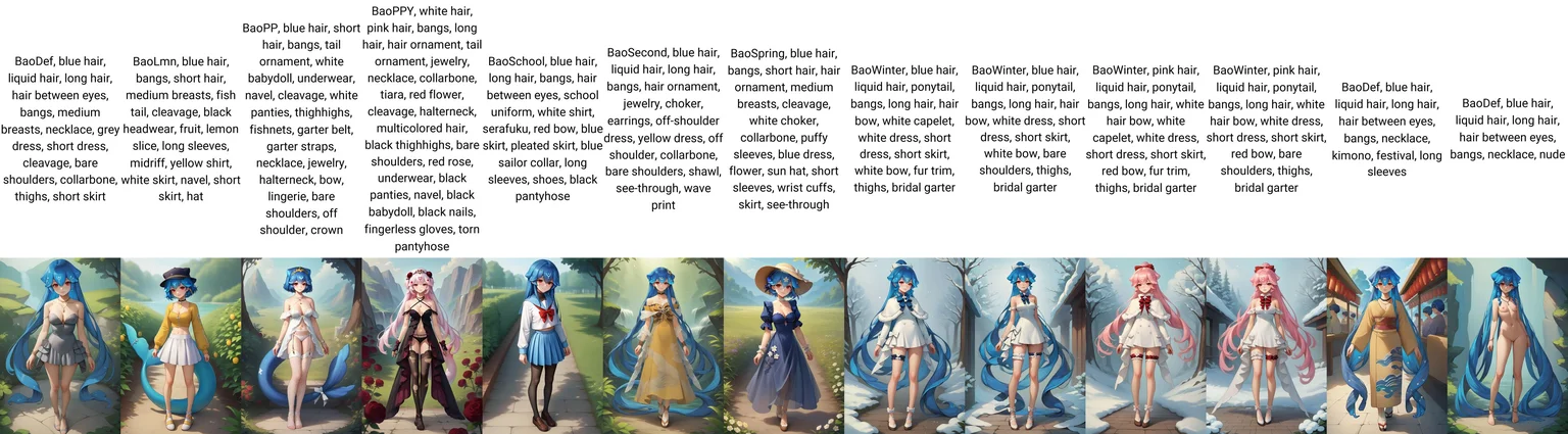 score_9, score_8_up, score_7_up, source_anime, 1girl, solo, outdoors, seductive smile, full body, red eyes, BaoDef, blue hair, liquid hair, long hair, hair between eyes, bangs, medium breasts, necklace, grey dress, short dress, cleavage, bare shoulders, collarbone, thighs, short skirt, <lora:Bao_XLPD-000009:1>