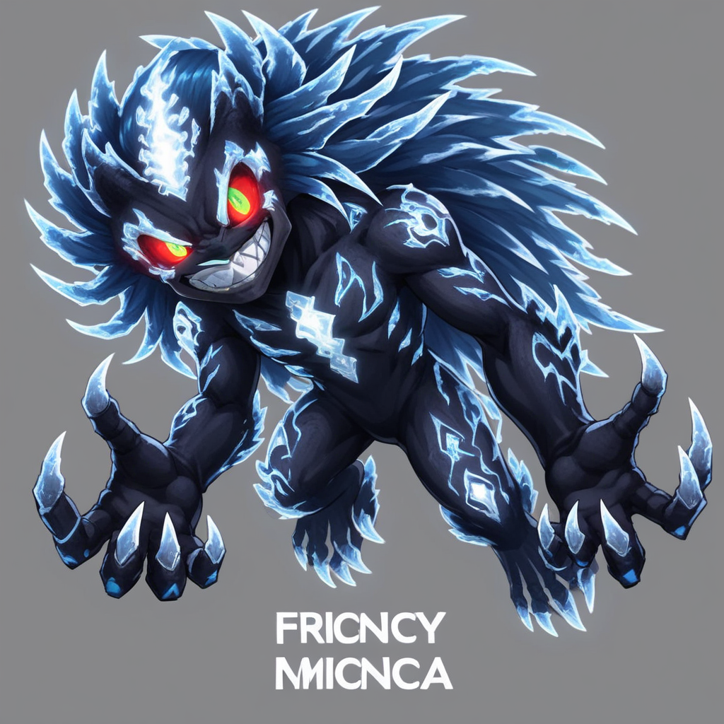 green eyes, featuring glowing red eyes and a menacing grin. The character is predominantly black with icy blue highlights, claws, glowing, copyright name, floating, grey background, simple background