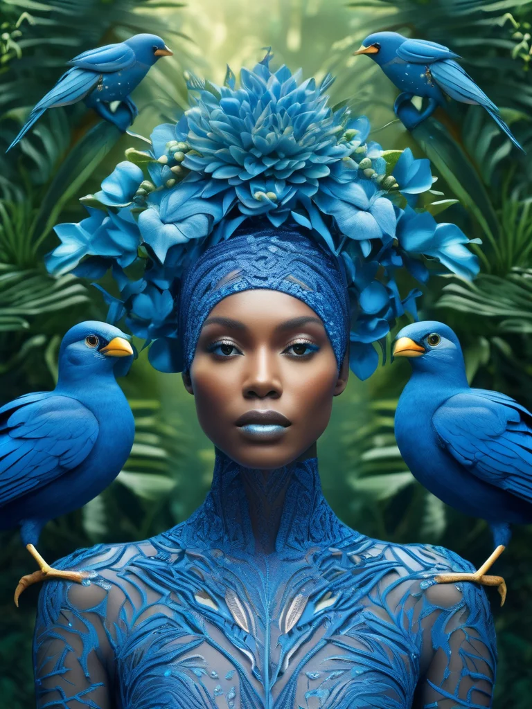 fashion photography portrait of blue human avatar, in blue lush jungle with flowers and birds, 3d render, cgi, symetrical, octane render, 35mm, bokeh, 9:16, (intricate details:1.12), hdr, (intricate details, hyperdetailed:1.15), (natural skin texture, hyperrealism, soft light, sharp:1.2)