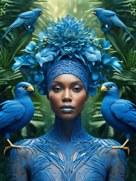 fashion photography portrait of blue human avatar, in blue lush jungle with flowers and birds, 3d render, cgi, symetrical, octane render, 35mm, bokeh, 9:16, (intricate details:1.12), hdr, (intricate details, hyperdetailed:1.15), (natural skin texture, hyperrealism, soft light, sharp:1.2)