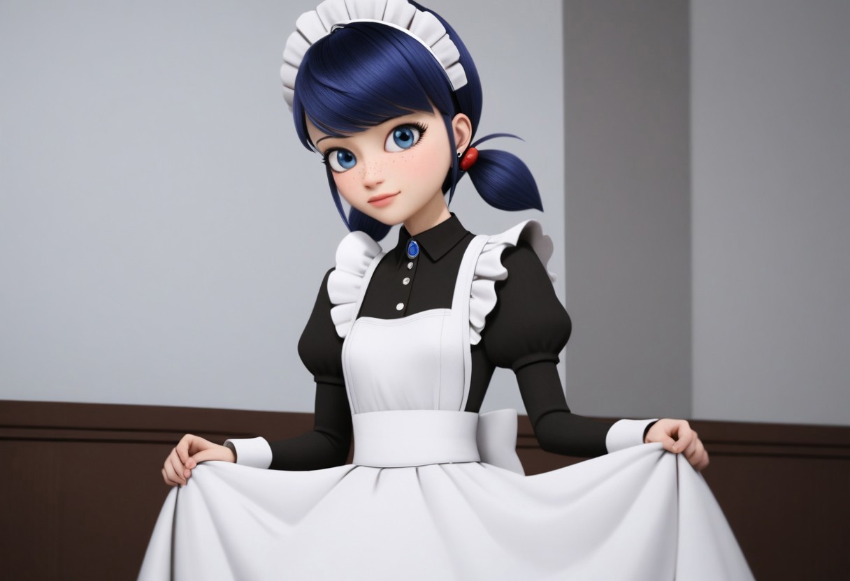 safe_pos, marinette dupain-cheng, blue hair, blue eyes, low twintails, short twintails, black earrings, freckles, black dress, maid, white apron, frills, small breasts, maid headdress, light smile, 1girl, solo, black ribbon, red hairtie, blue gemstone,