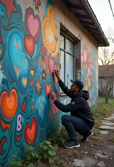 A street artist creates a masterpiece on the wall of an old dilapidated house.