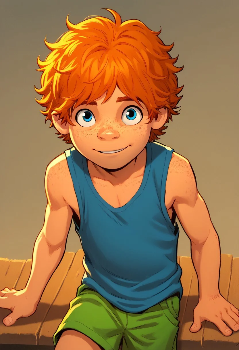 score_9, score_8_up, score_7_up,1boy, solo, cute boy, Bailey Briggs, Orange Hair, Blue Eyes, Freckles, tank top, shorts