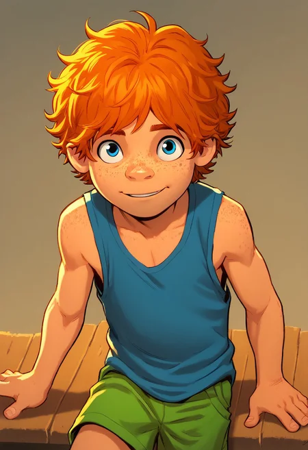 score_9, score_8_up, score_7_up,1boy, solo, cute boy, Bailey Briggs, Orange Hair, Blue Eyes, Freckles, tank top, shorts
