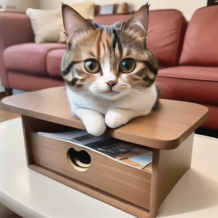 (masterpiece),(best quality),(ultra-detailed), (full body:1.2), cat,buding,chibi,cute, smile,  cat wear white shirt(sitting on red sofa), crying,A sleek black coffee table sits in front of the sofa and a few decorative items are placed on the shelves, (beautiful detailed cat face), (beautiful detailed cat eyes),   <lora:blindbox_V1Mix:0.6> <lora:buding:0.5>