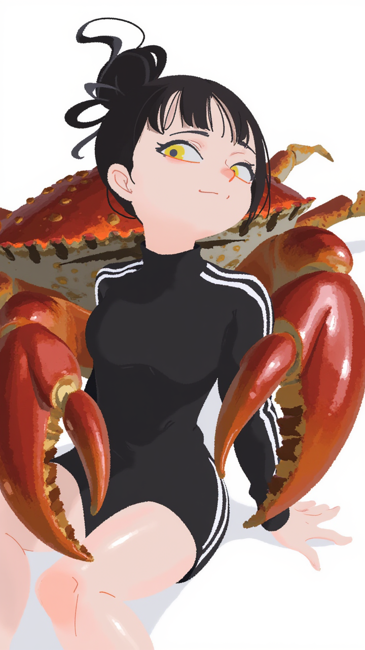 art by torikun, the image features a young woman with fair skin and dark hair, styled in a messy bun. she is wearing a black, high-necked top with white stripes on the sleeves, which gives a sporty or casual appearance. the woman's expression is calm and slightly amused, with her yellow eyes looking slightly to the side. she is lying on her back, with her legs bent and one arm resting on her thigh. the focal point of the image is a large crab, positioned prominently behind the woman, covering much of her upper body. the crab is depicted with a rich, detailed texture, showing its hard, segmented shell with shades of red, orange, and brown. the crab's claws are large and menacing, with a glossy, almost metallic sheen. the background is a simple, solid white, ensuring the focus remains on the woman and the crab.
