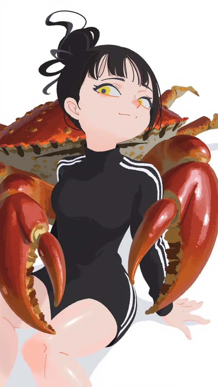art by torikun, the image features a young woman with fair skin and dark hair, styled in a messy bun. she is wearing a black, high-necked top with white stripes on the sleeves, which gives a sporty or casual appearance. the woman's expression is calm and slightly amused, with her yellow eyes looking slightly to the side. she is lying on her back, with her legs bent and one arm resting on her thigh. the focal point of the image is a large crab, positioned prominently behind the woman, covering much of her upper body. the crab is depicted with a rich, detailed texture, showing its hard, segmented shell with shades of red, orange, and brown. the crab's claws are large and menacing, with a glossy, almost metallic sheen. the background is a simple, solid white, ensuring the focus remains on the woman and the crab.