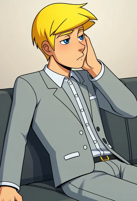 1boy, (solo), sitting on couch, chalexpower, head in hands, depressed break chalexpower wearing grey pyjamas